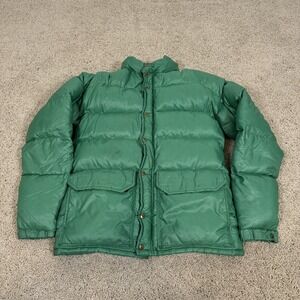 Vintage Camp 7 Down Puffer Jacket Mens XS Green Nylon Snap Front 70s